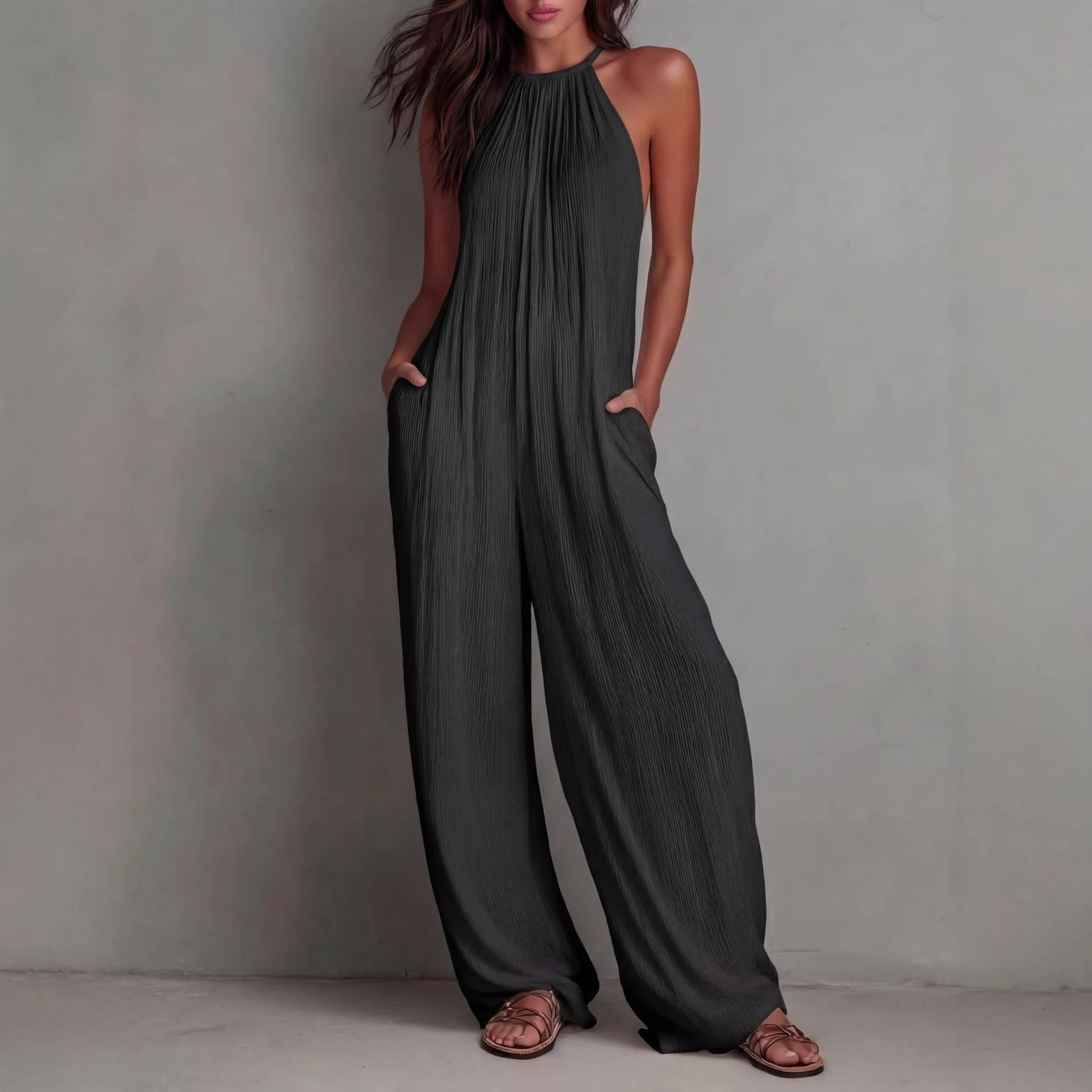 Sleeveless Open-Back Wide-Leg Pleated Jumpsuit