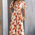 Geometric Pattern Printed Lace Up Shirt Jumpsuit