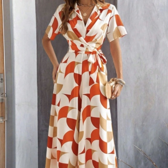 Geometric Pattern Printed Lace Up Shirt Jumpsuit