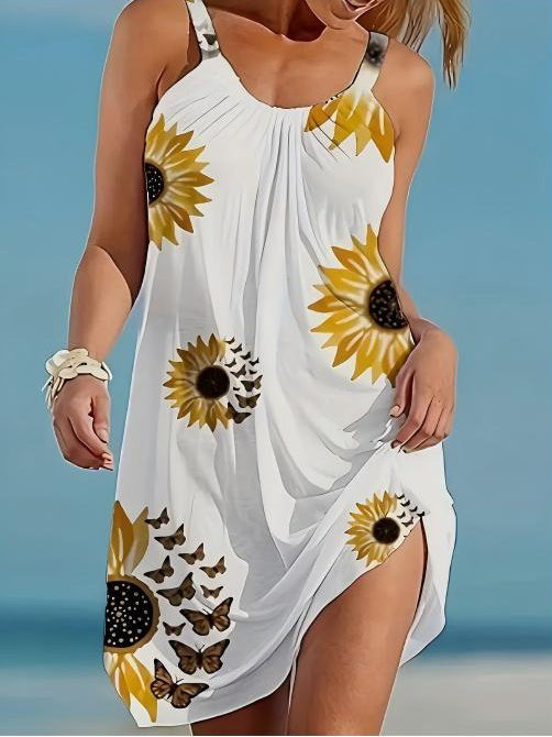 🌻 Plus Sunflower Print Sleeveless Wrap Dress