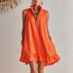 Women's Casual Loose Half-Zip Sleeveless Dress with Ruffle Hem