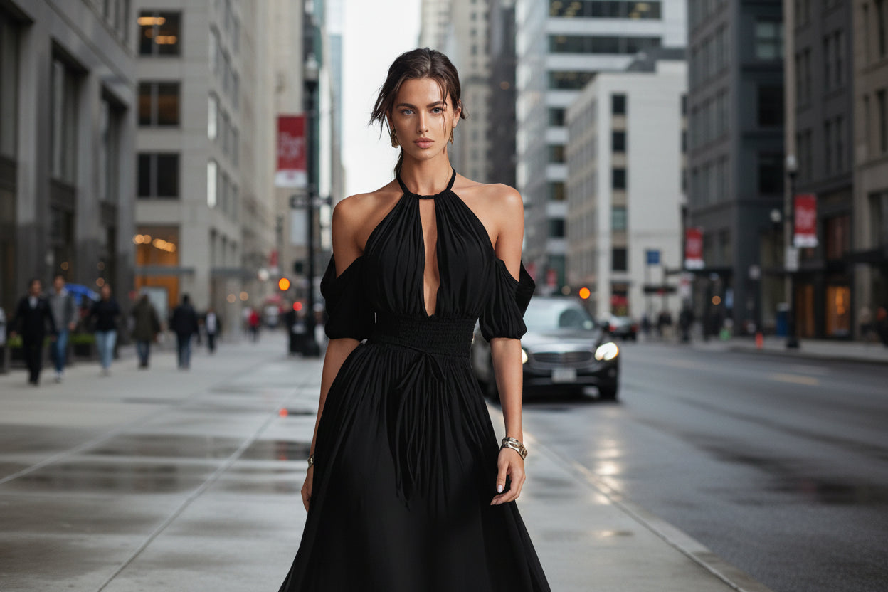 Solid-Color Halter Neck Midi Dress