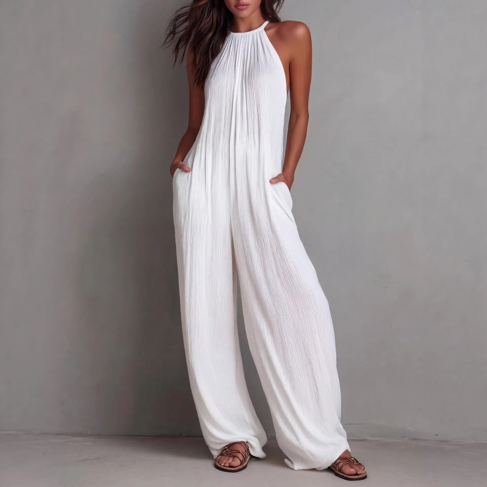 Sleeveless Open-Back Wide-Leg Pleated Jumpsuit