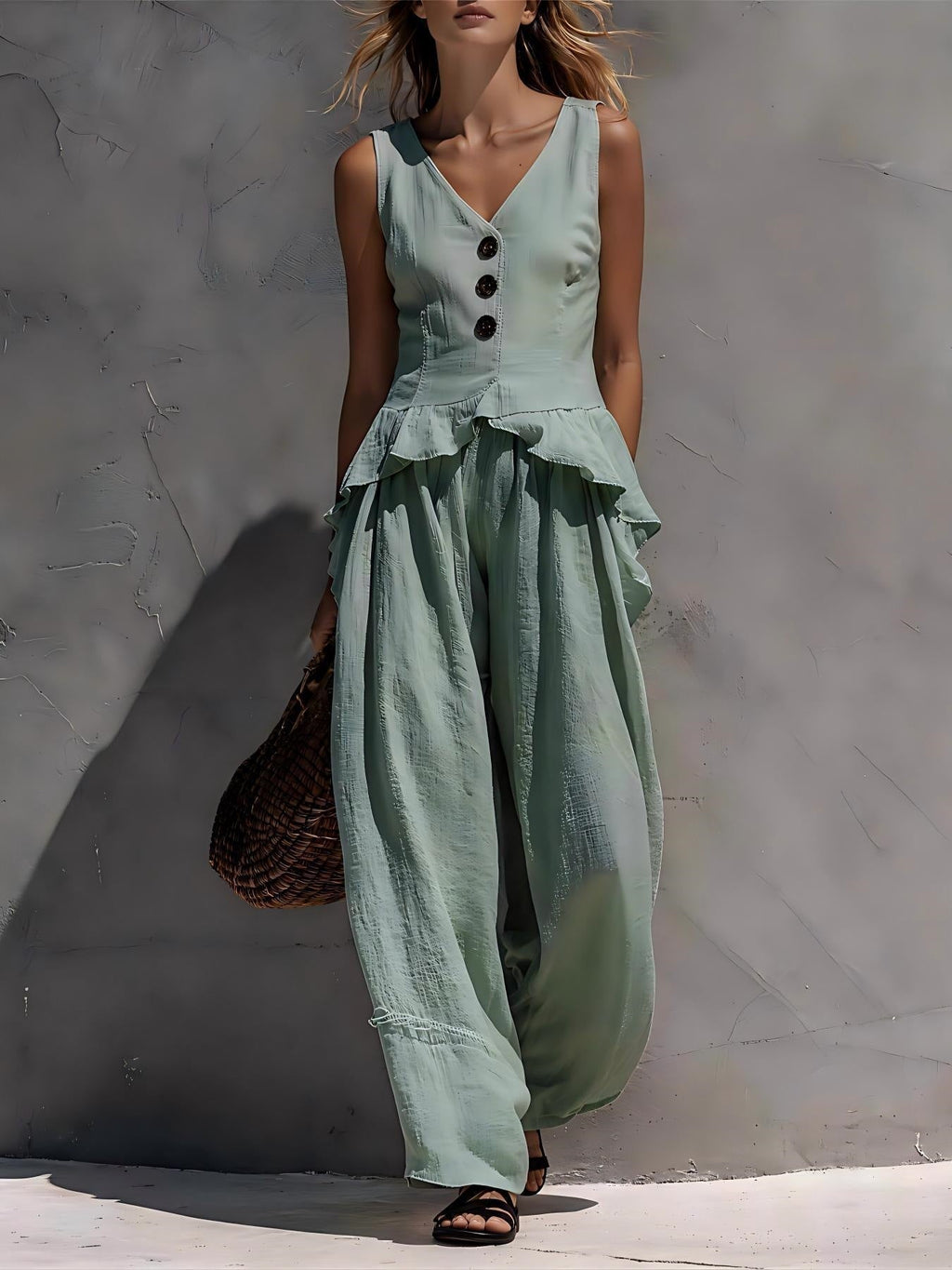 Ruffled Tank Top & Draping Wide-Leg Pants Set