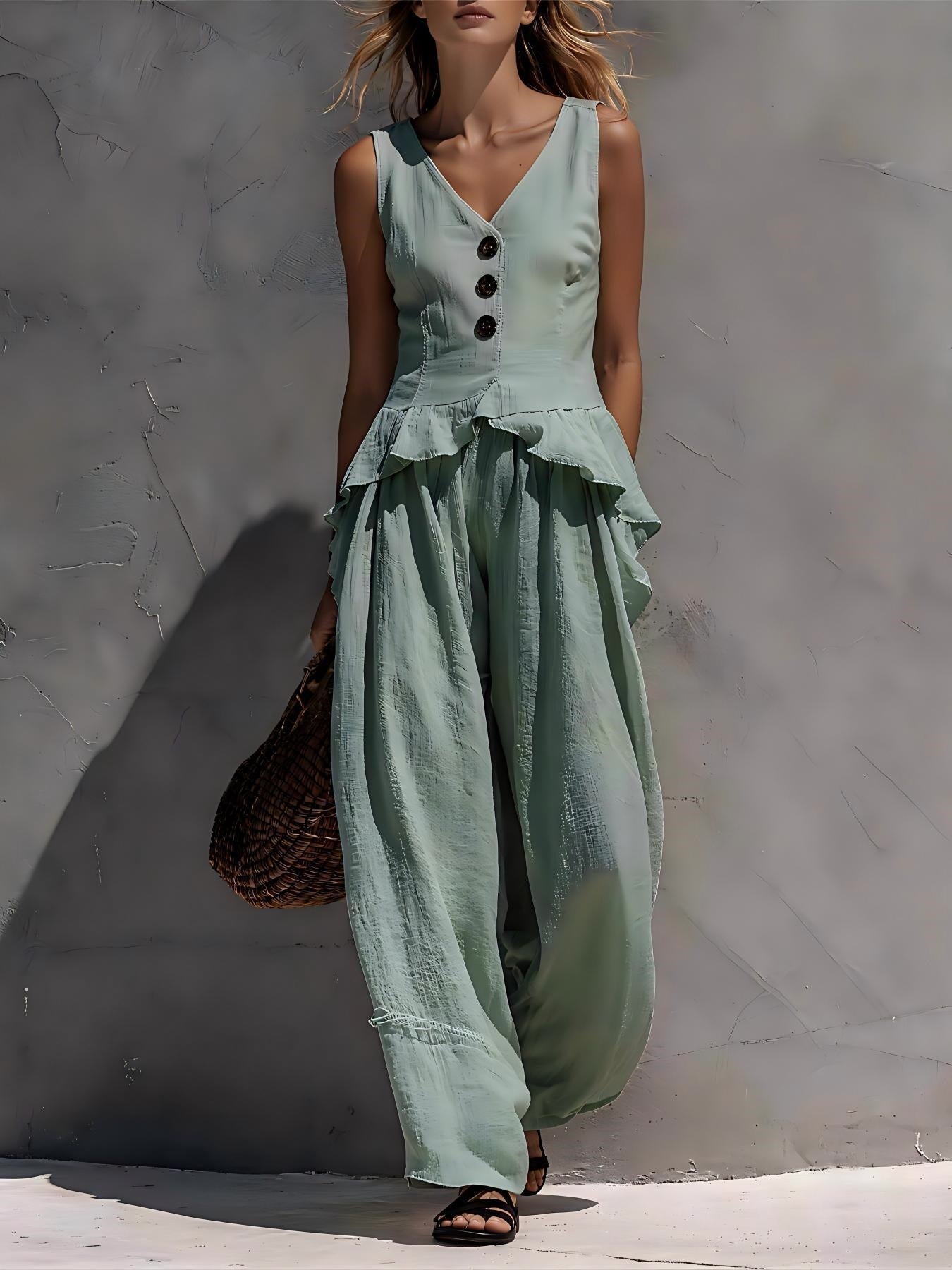 Ruffled Tank Top & Draping Wide-Leg Pants Set