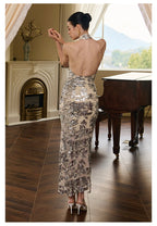 Sequined Bling Mesh Halter Maxi Dress