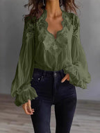 Lace-Panel Puff Sleeve Pleated Ruffle Shirt | Ballet Style