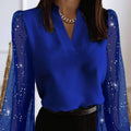 Sparkling Diamond Mesh Splicing Long Sleeve V-neck Top Shirt