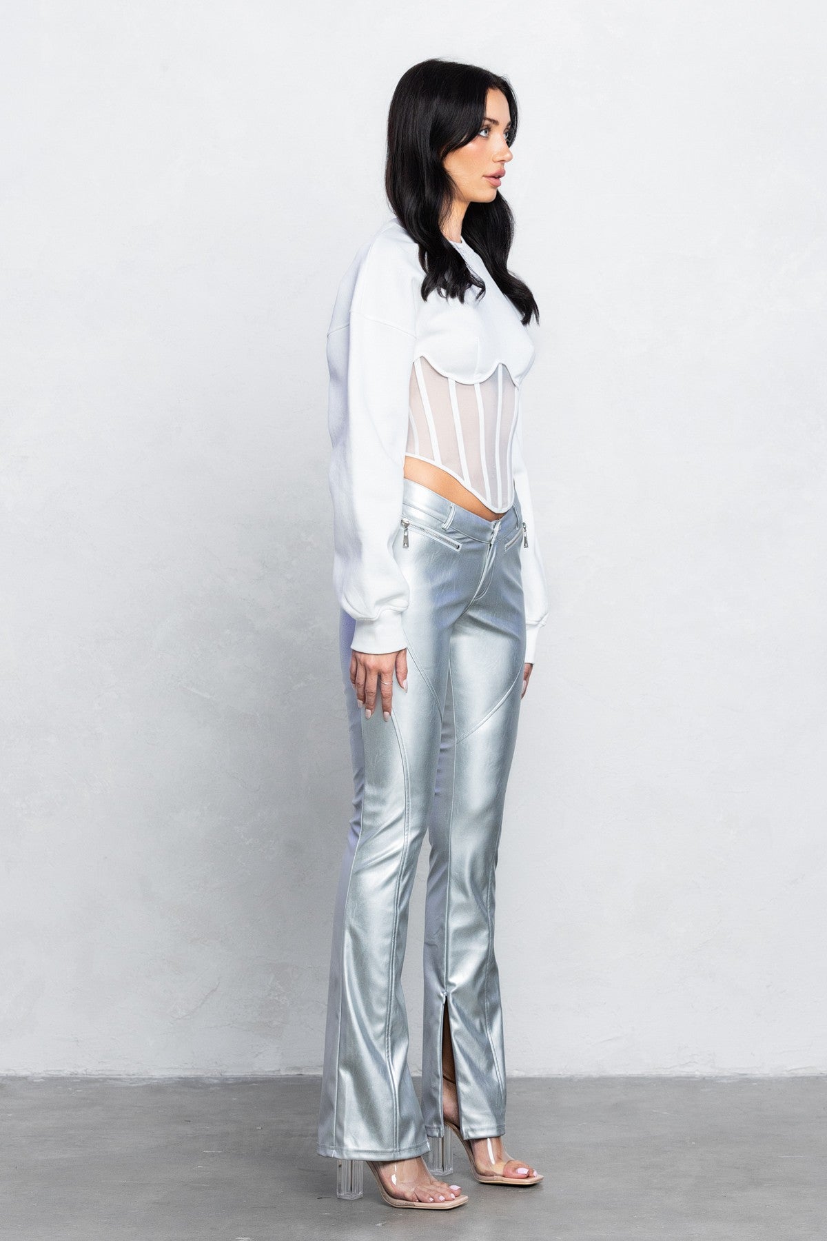 V-Cut PU Boot-Cut Pants | Low Rise