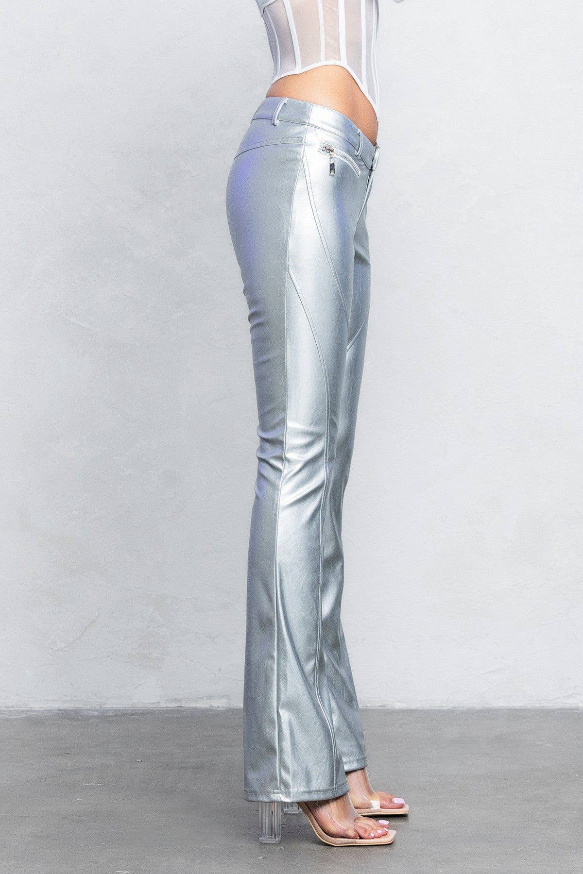 V-Cut PU Boot-Cut Pants | Low Rise