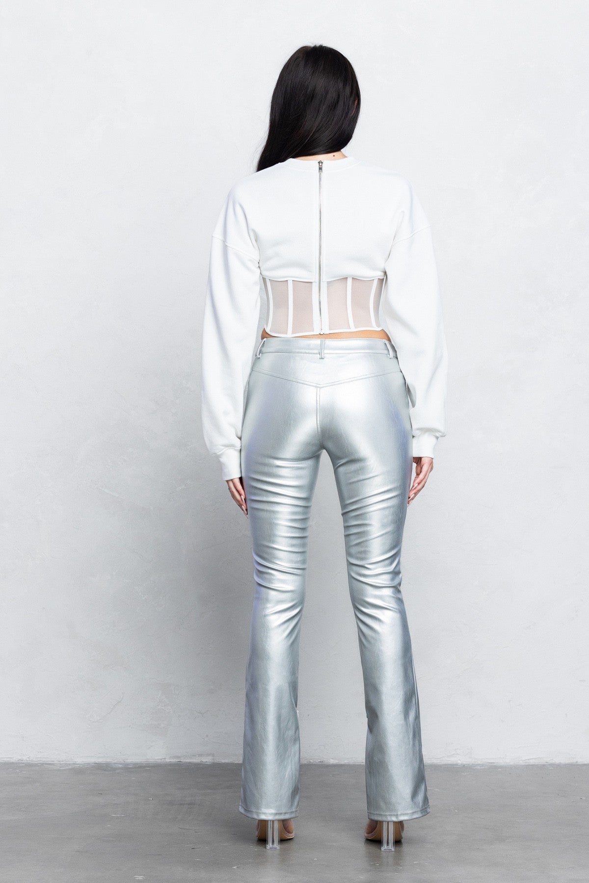 V-Cut PU Boot-Cut Pants | Low Rise