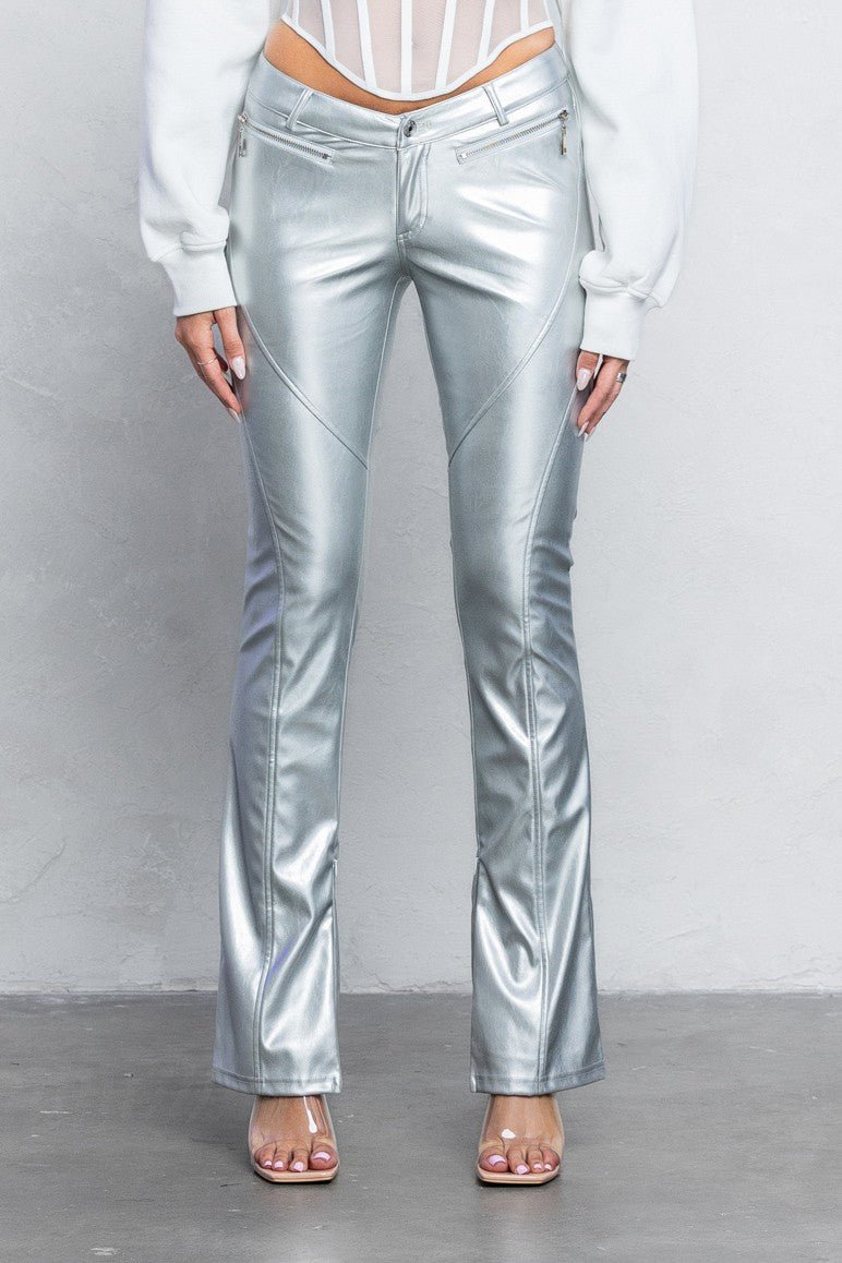 V-Cut PU Boot-Cut Pants | Low Rise